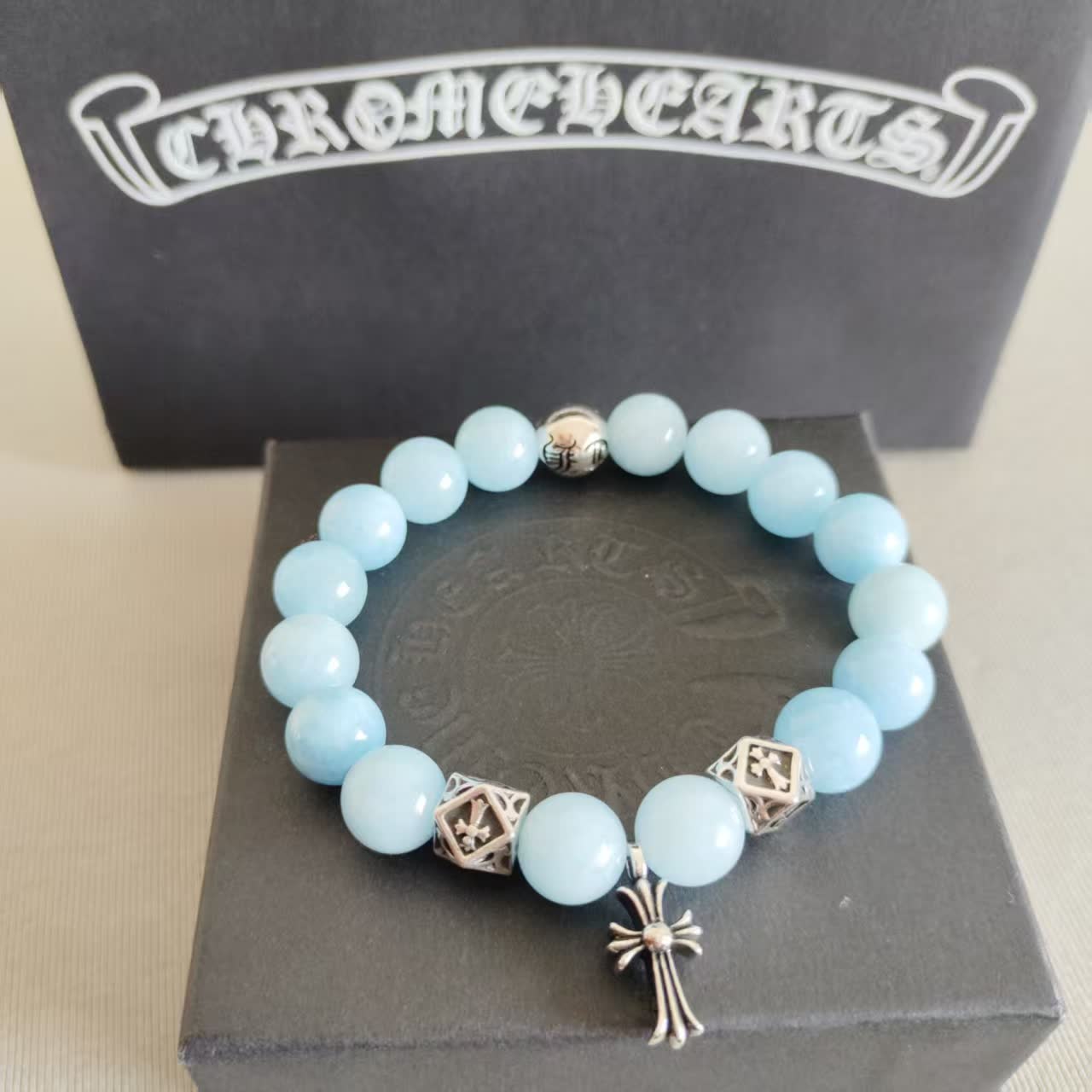 Chrome Hearts Chromecards Blue Beaded Bracelet with Cross Charm